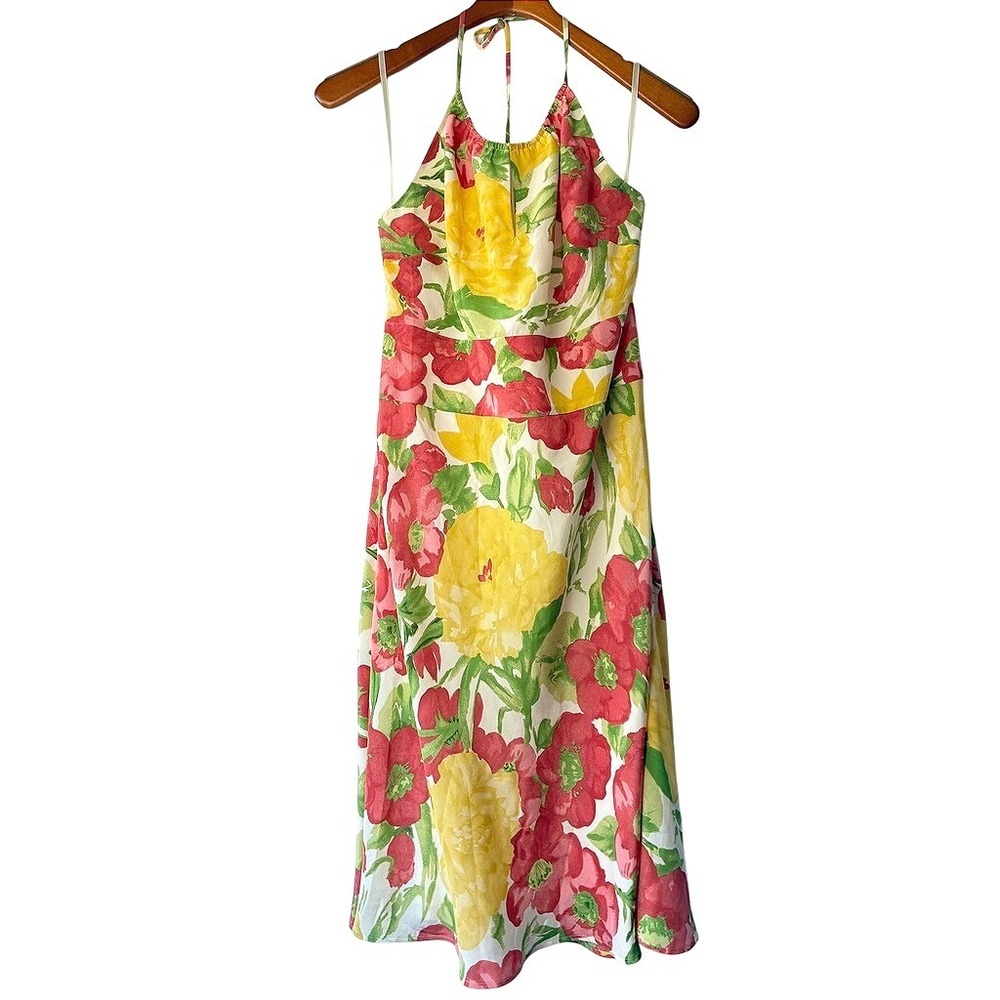 Vintage Y2k Ann Taylor LOFT 100% Silk Floral Halter Midi Dress Pink Yellow Sz 6